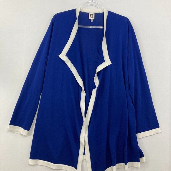 Anne Klein size 2X Royal Blue White Draped Open Front Soft Tunic Cardigan Preppy - Picture 1 of 8